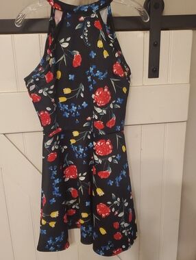 Black Floral Halter Skater Dress with Red, Yellow & Blue Print